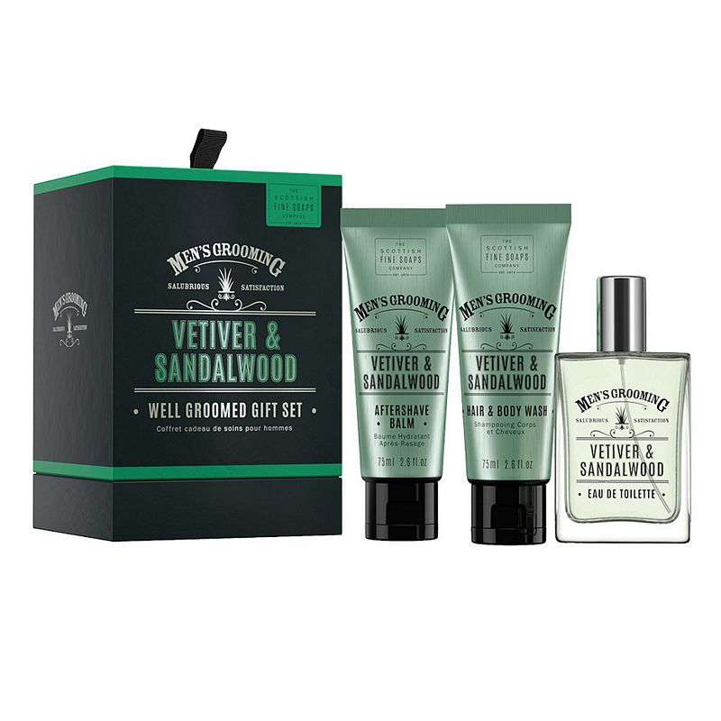 Scottish Fine Soaps Men's Grooming Vetiver & Sandalwood Well Groomed Gift Set contents