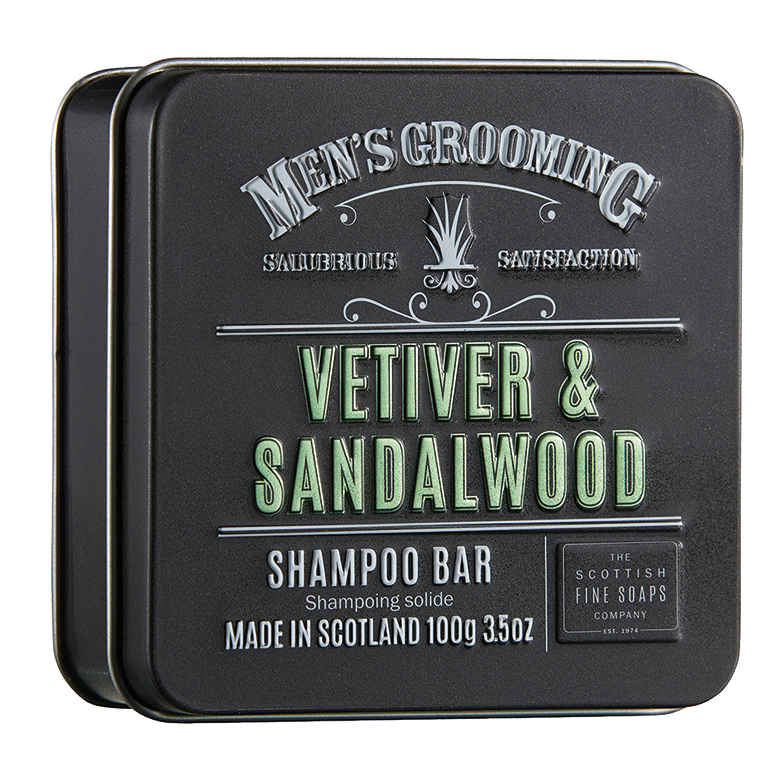 Scottish Fine Soaps Vetiver & Sandalwood Shampoo Bar in a Tin A03203 front