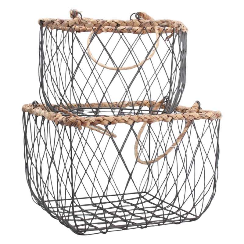Square Wire Basket With Woven Trim Small & Large stacked neatly