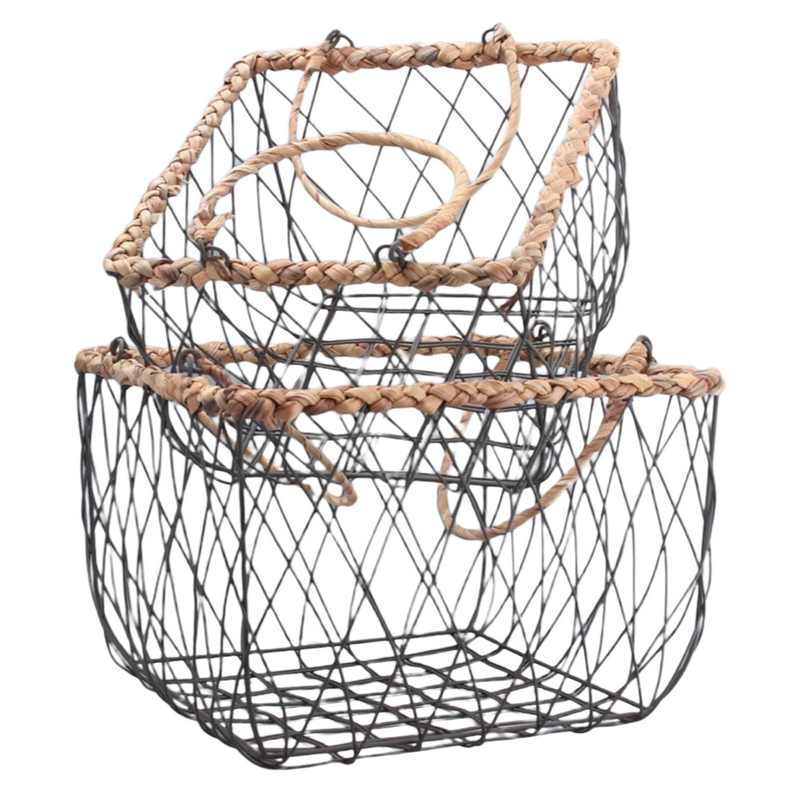 Square Wire Basket With Woven Trim Small & Large stacked tipped