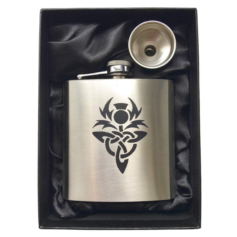 Stainless Steel Hip Flask Celtic Knotwork Thistle in box
