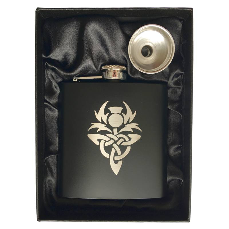 Stainless Steel Hip Flask Matt Black Celtic Knotwork Thistle in box