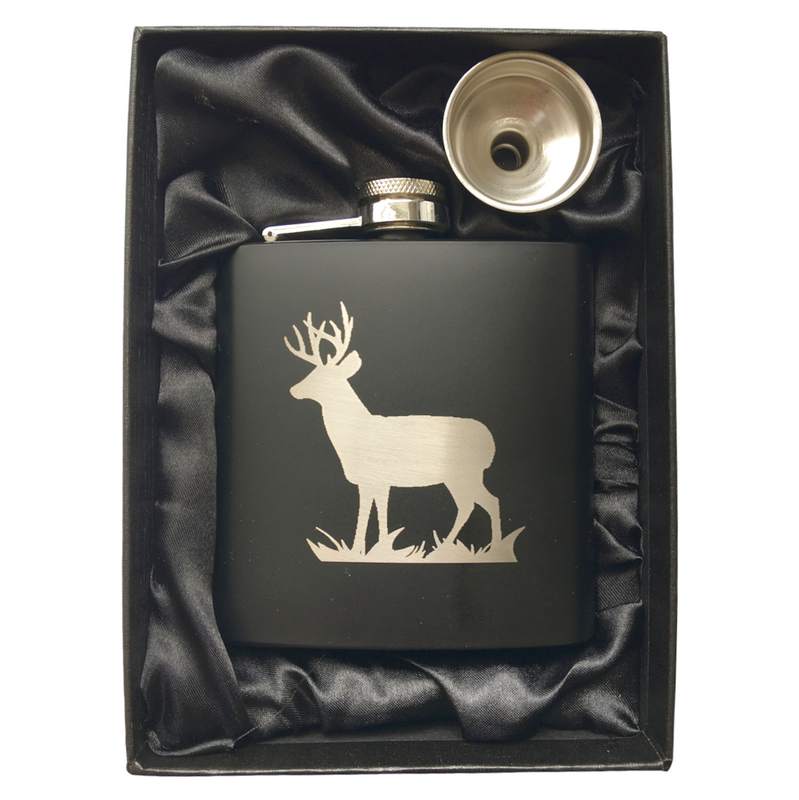 Stainless Steel Hip Flask Matt Black Engraved Deer Stag in gift box
