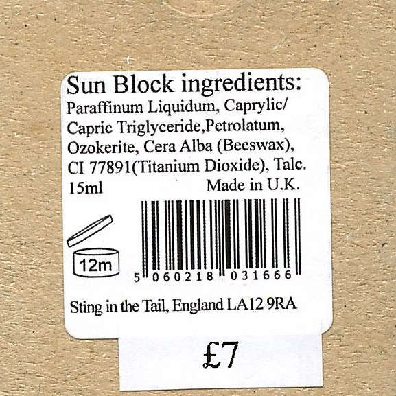 Sting In The Tail - Cyclist's Sun Block back label