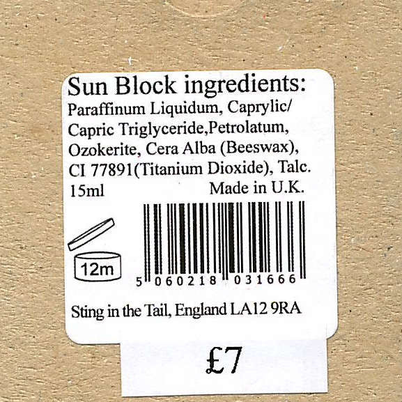 Sting In The Tail - Cyclist's Sun Block back label