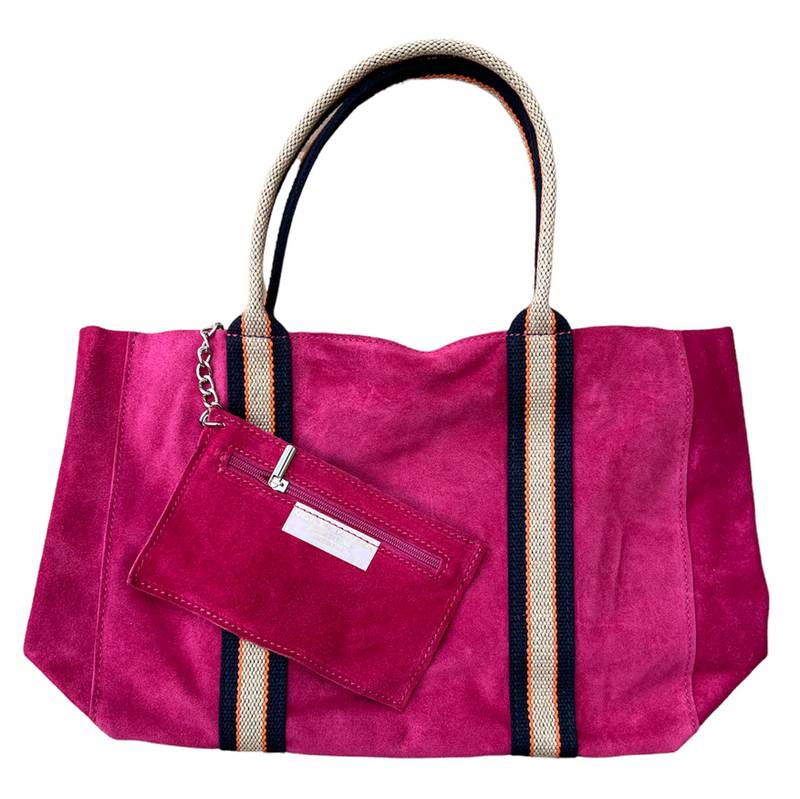 Summer Suede Tote Bag Fuchsia Pink front with attached pouch