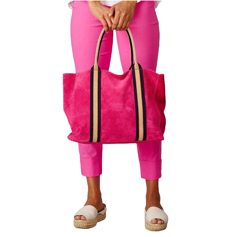 Summer Suede Tote Bag Fuchsia Pink held by model