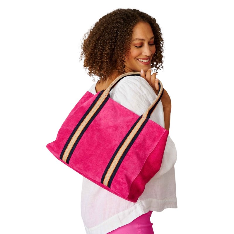 Summer Suede Tote Bag Fuchsia Pink on model's shoulder