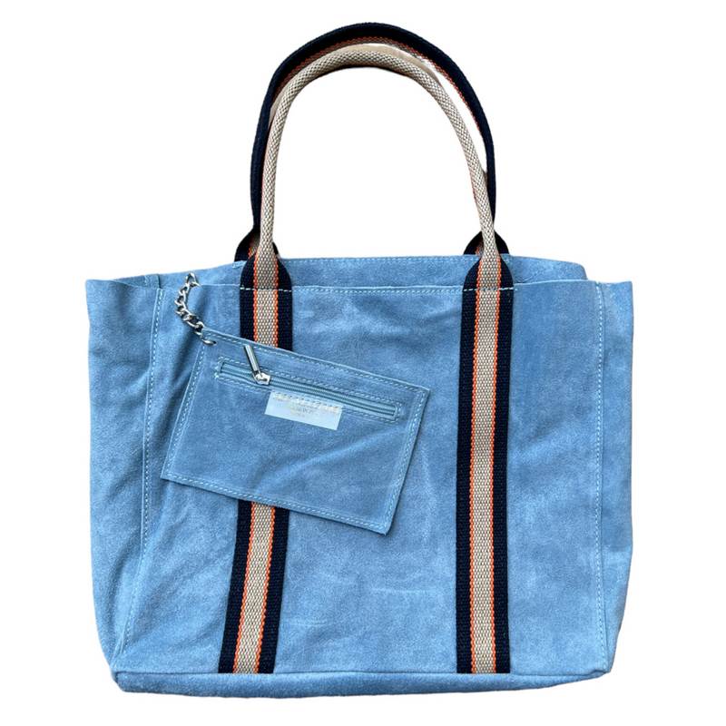 Summer Suede Tote Bag Sky Blue front with pouch