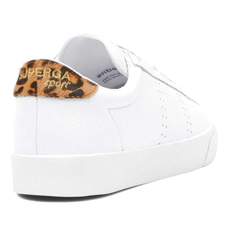 Superga 2843 White Leather Sport Clubs Trainer With Leopard Print Heel Flash heel