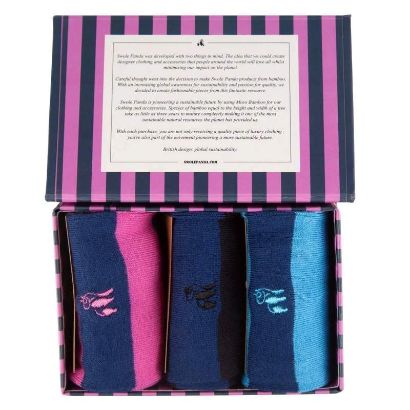 Swole Panda Bamboo Socks Navy Stripe Gift Box of 3 SP028-3-03-L main