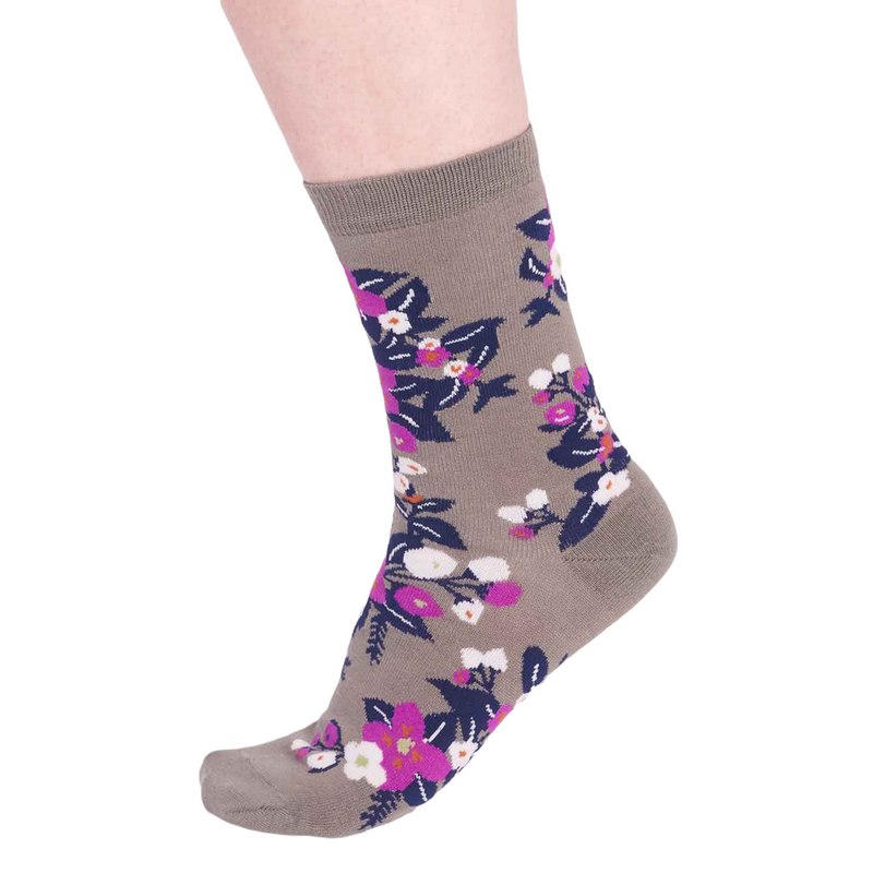 Thought Fashion Arya Floral Bamboo Socks Olive Green 4-7 SPW772 side