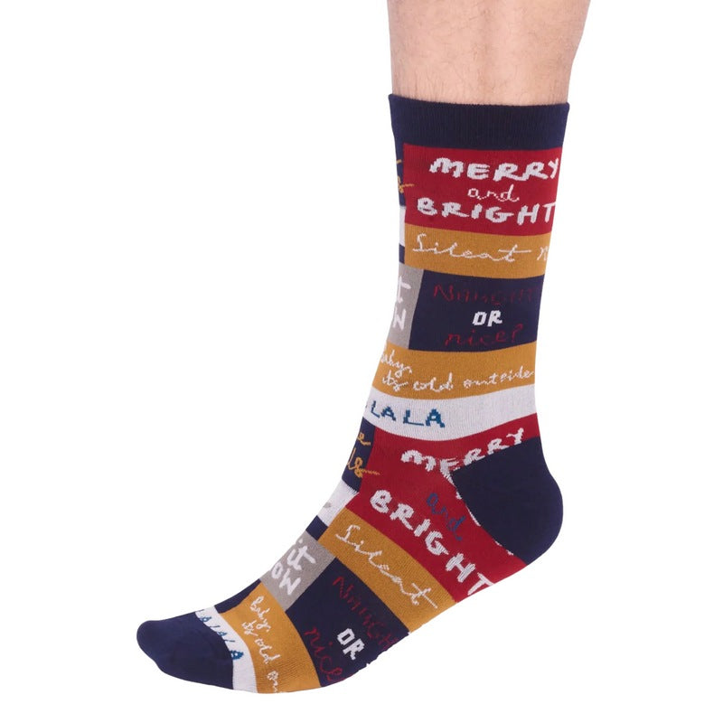 Thought Fashion Christmas Slogan Organic Cotton Men's Socks Navy SPM826 side
