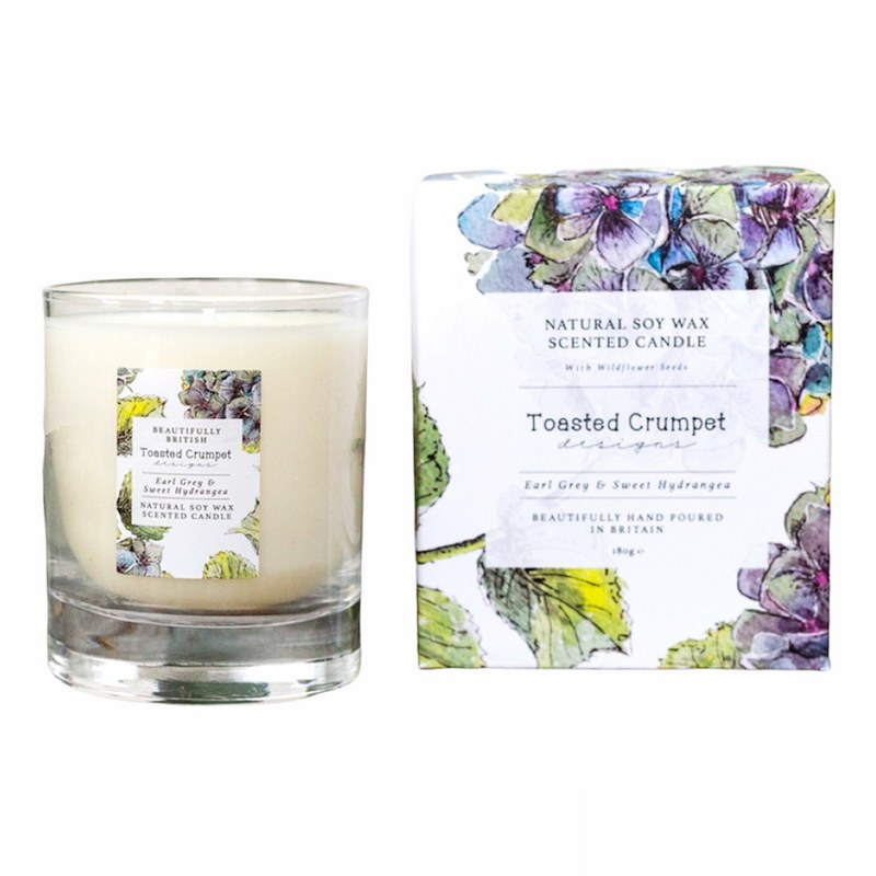 Toasted Crumpet Earl Grey & Sweet Hydrangea Candle jar and box