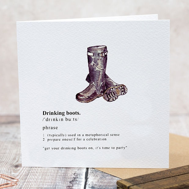 Toasted Crumpet Greetings Card Drinking Boots CG05 front