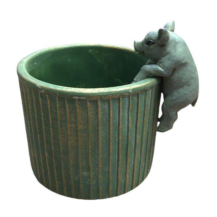 Tristan Piglet Pot-edge Hanging Sculpture Grey 411052 on plant pot side
