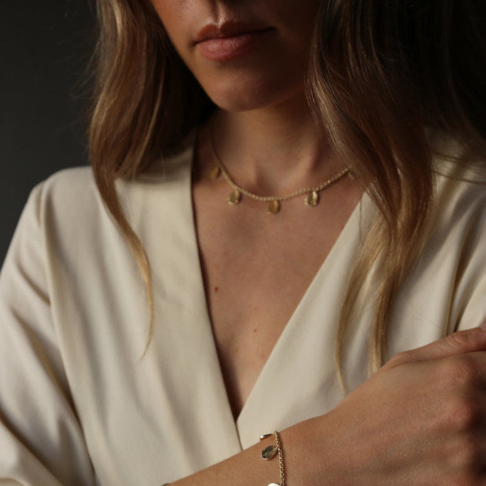 Tutti & Co Coastal Necklace Gold NE547G on model
