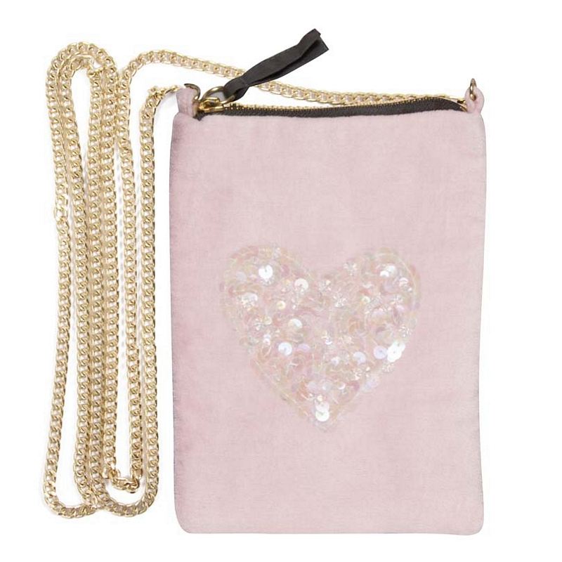 Velvet Phone Bag Pink with Sequin Heart 240687 front