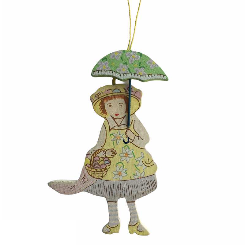 Victorian Wooden Hanging Ornament - Girl with Green Umbrella
