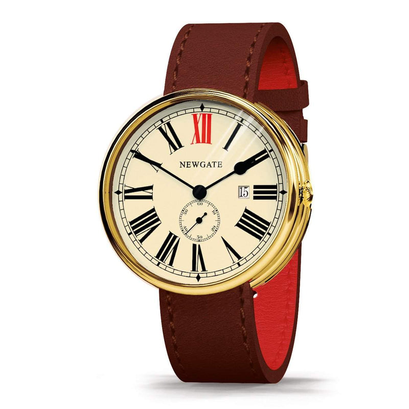 Newgate Watches - The Ship Watch - Brass Case, Brown Strap at angle