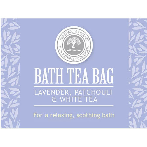 Wild Olive Bath Tea Bag Lavender Patchouli & White Tea label