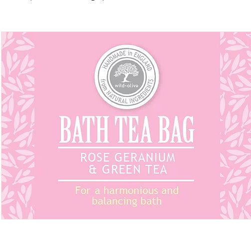Wild Olive Bath Tea Bag Rose Geranium & Green Tea label
