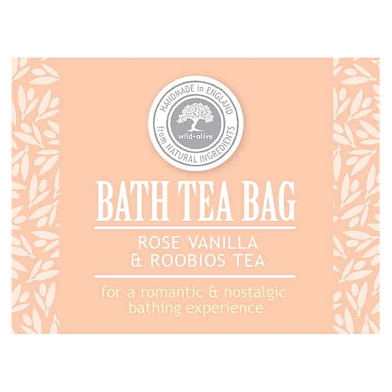 Wild Olive Bath Teabag Rose Vanilla and Roobios label