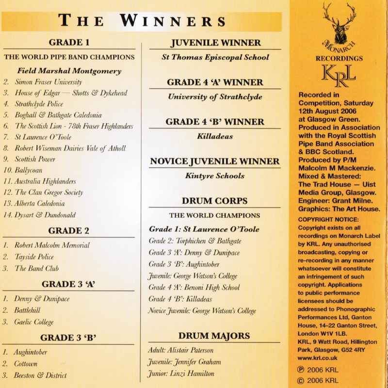 World Pipeband Championships CD 2006 Vol 2 CDMON870 results